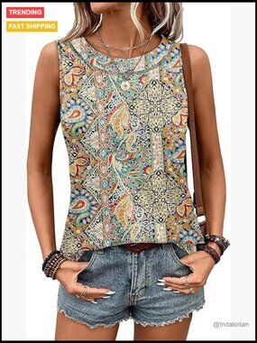 Polyester Blend Crew Neck Tank Top Loose Fit Sleeveless Shirt